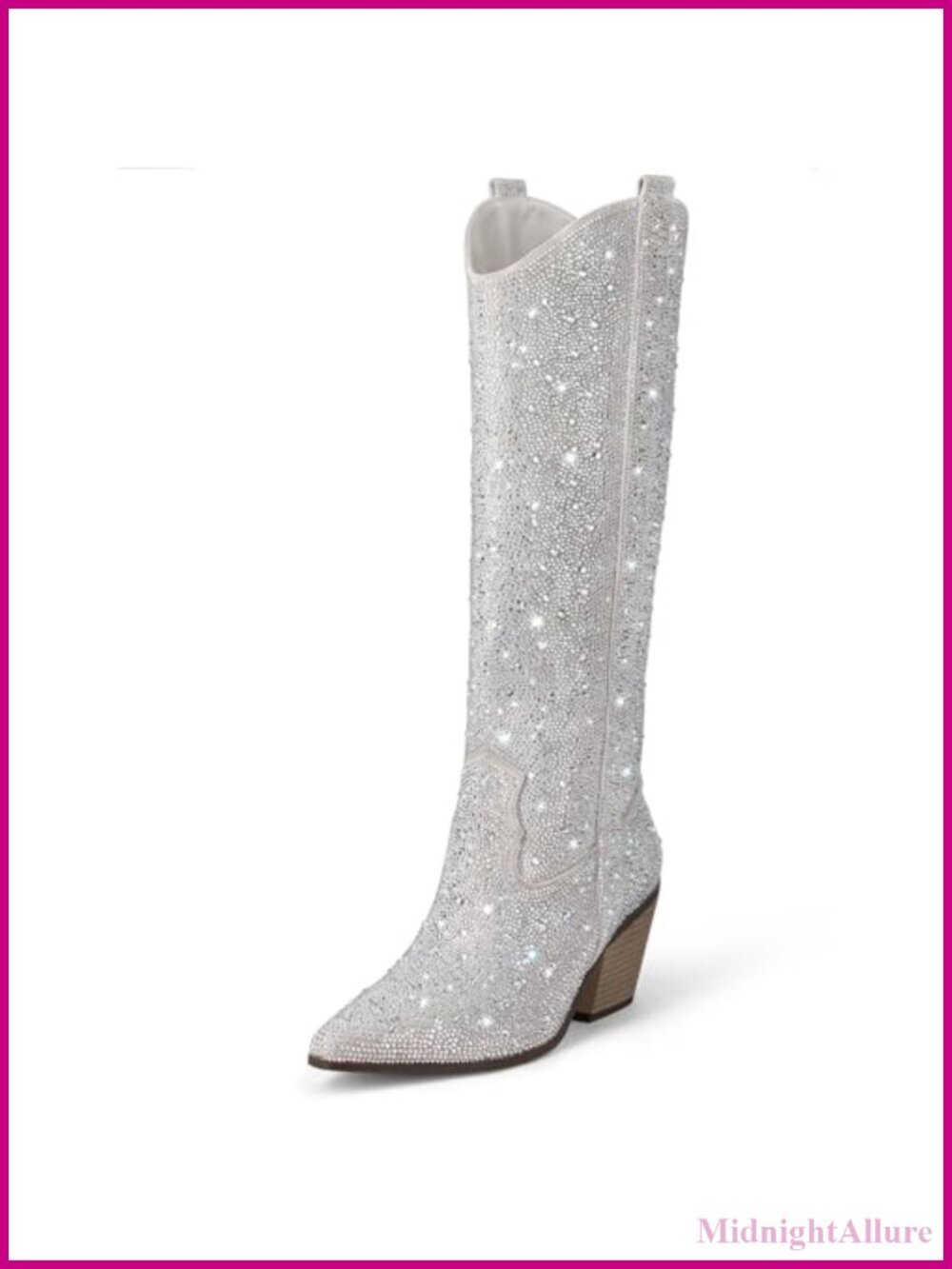 Rhinestone Mid Calf Western Boots with Block Heel